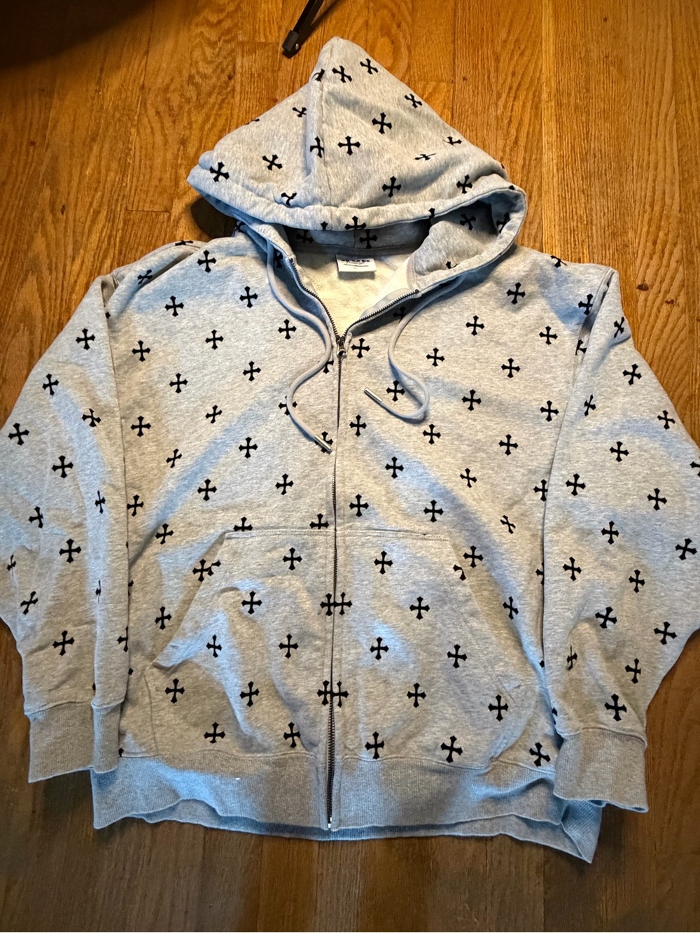 F426 New All Over Cross Flocking Zip Up Hoodie